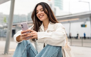 Lady reads something on phone