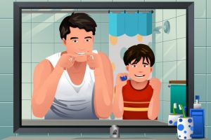 father and son flossing illustration 