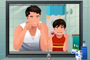father and son flossing illustration