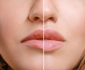 Woman’s lips before and after filler injections 